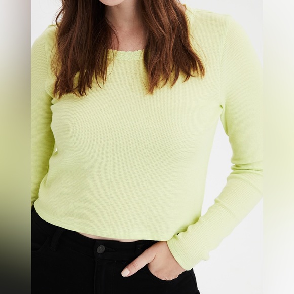 American Eagle • Long Sleeve Lace Trim Waffle Knit Tee in Lime - Picture 1 of 13